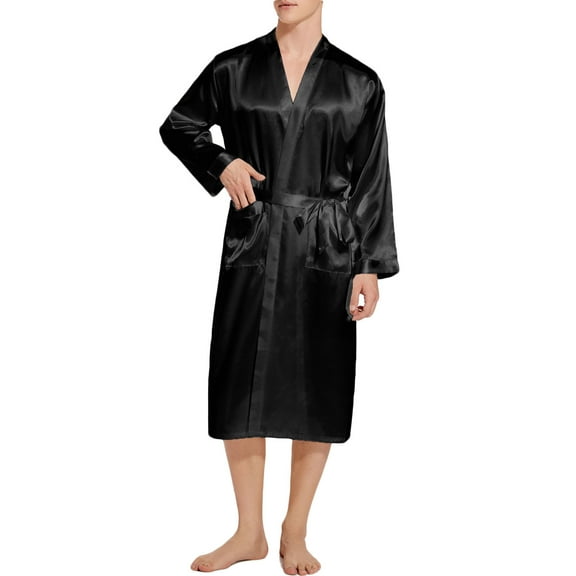 Cxenplz Men's Silky Satin Kimono Robe Long Sleeve Lightweight Bathrobe Pajamas Classic Long Sleepwear Lounge Robe with Pockets on Clearance