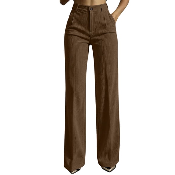 cocolona Womens Pinstriped Corduroy Dress Pants Elastic Waist Straight Wide Leg Commute Office Pants with Pockets