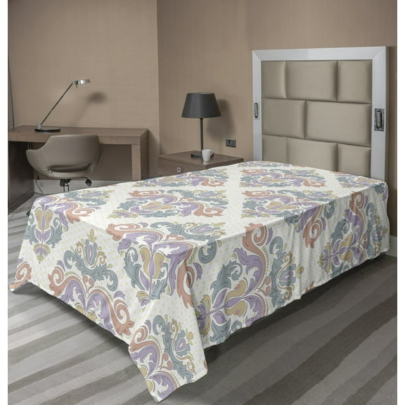 Ambesonne Floral Flat Sheet, Pastel Modernized Damask, Twin Size, Cream Pale Salmon