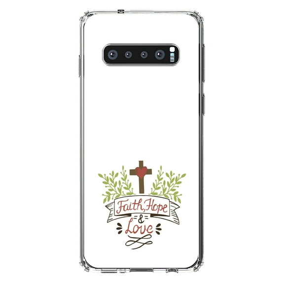 DistinctInk Clear Shockproof Hybrid Case for Samsung Galaxy S10 (6.1" Screen) - TPU Bumper, Acrylic Back, Tempered Glass Screen Protector - Faith, Hope & Love - Cross & Leaves