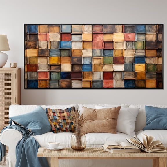Designart "Earth Colors Tiles in Colorful Patterns III" Extra Large Geometric Framed Wall Art - Bohemian Multicolor Boho Mosaic Living Room Framed Canvas Art