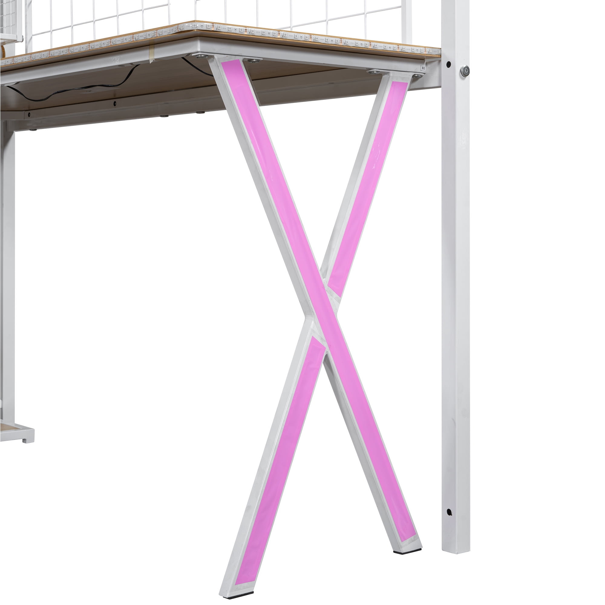 MAYEERTY Full Size White Metal Loft Bed - Built-in Work Station, Wardrobe, Storage Staircase & LED