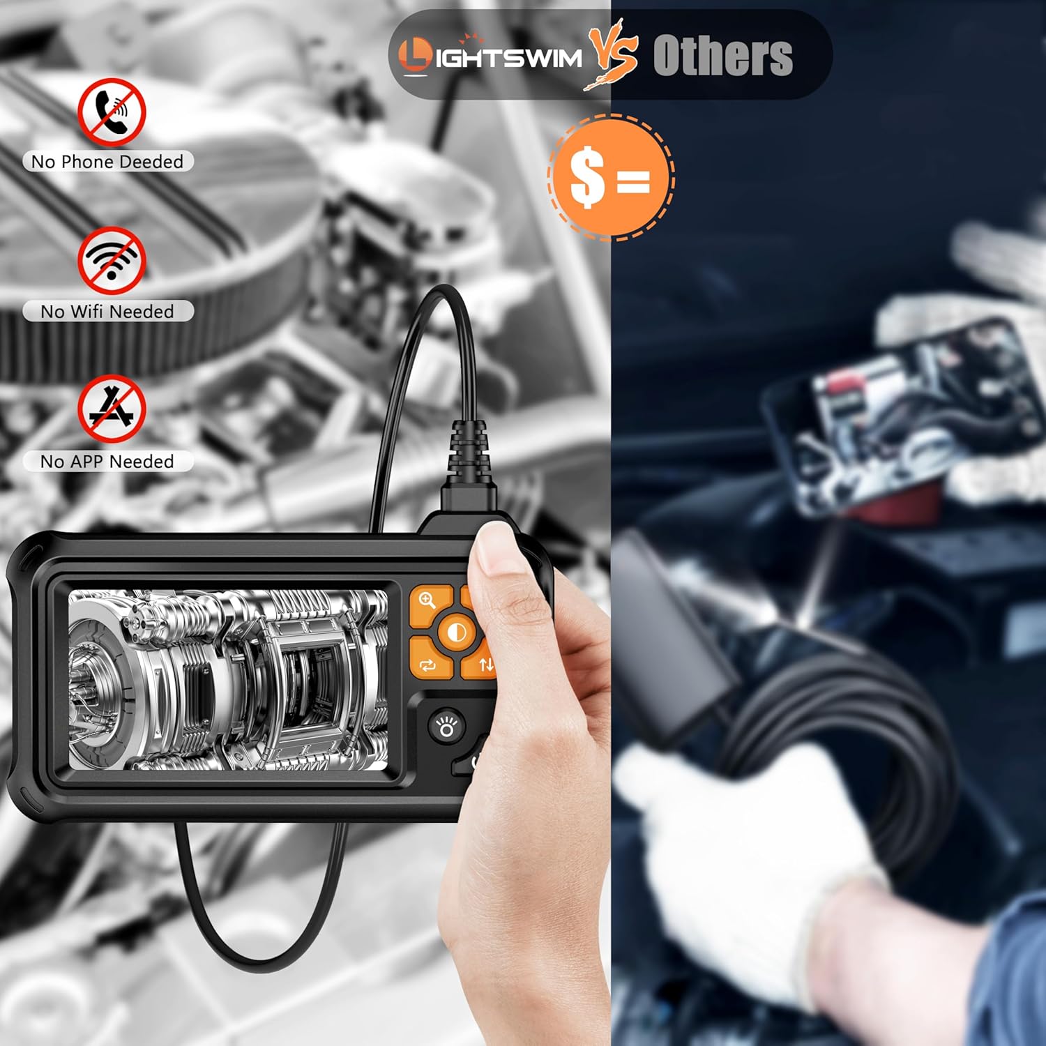 1080P Industrial Digital Borescope, 4.3 Inch IPS Endoscopic Inspection Camera with Handheld IP67 Waterproof Snake Sewer with 8 LED Lights, Semi-Rigid Cable