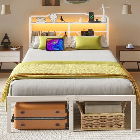 NISIEN Queen Size LED Bed Frame with Storage Headboard & Charging Station, Metal Platform Bed, White