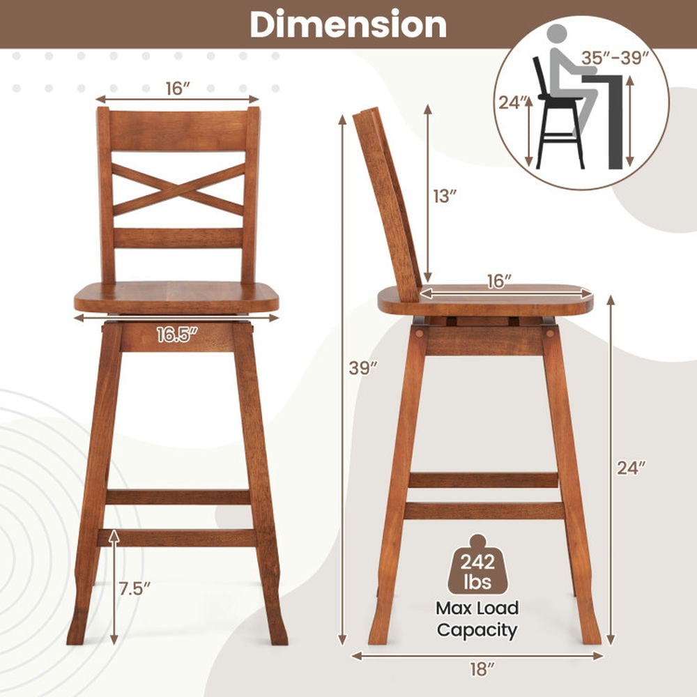 Demi Bonn Set of 2 Swivel Counter 24" Height Bar Stool withclined Backrest, Modern Kitchen Dining Chair, Brown