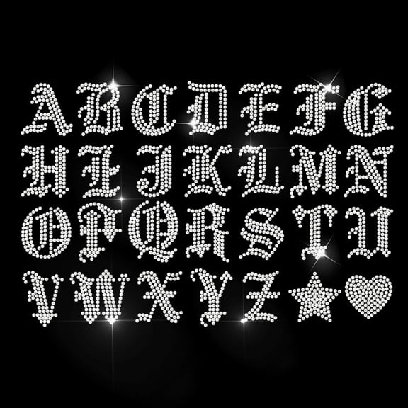 26 Gothic Alphabets Rhinestone Iron on Hotfix Transfer Letters Bling Crystal Heat Transfer Decal Star Heart Iron on Crystal Transfers Rhinestone Hot-fix Decals for Shirts Bags Hats Jeans
