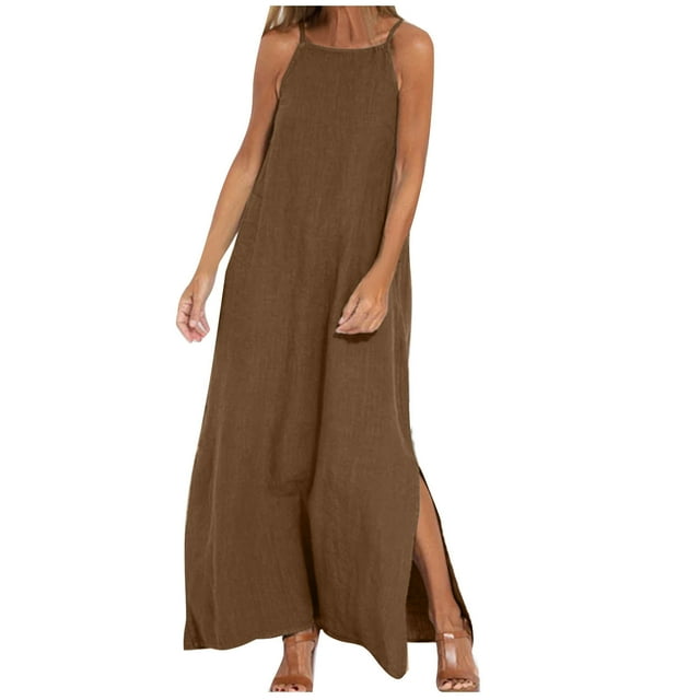 Staron Robes Marron pour Femmes en Liquidation à Moins de 10$ Bretelles Spaghetti Solide Ample Sans Manches Coton Lin Robe Boho Fluide Décontractée Été Maxi Longues Robes TG