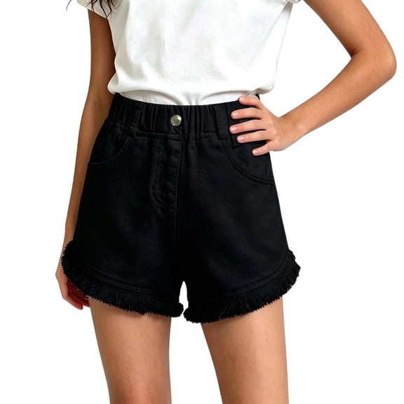 BCSIOAOI Toddler Girls Jeans Shorts,Cotton Elastic High Waist Casual Denim Shorts with Frayed Hem Black 2-3t