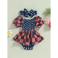 thumbnail image 2 of 4th of July Baby Girl Clothes American Flag Princess Romper Short Sleeve Ruched Romper Dress with Headband Memorial Day Outfit, 2 of 8