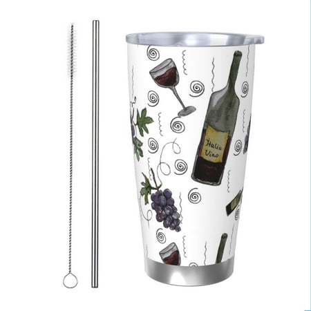 

KLL Wine Bottles And Grapes Print 40oz Stainless Steel Insulated Car Cup with Spillproof Lid - Keep Your Drink Hot or Cold on the Go-Straw Two-piece Set