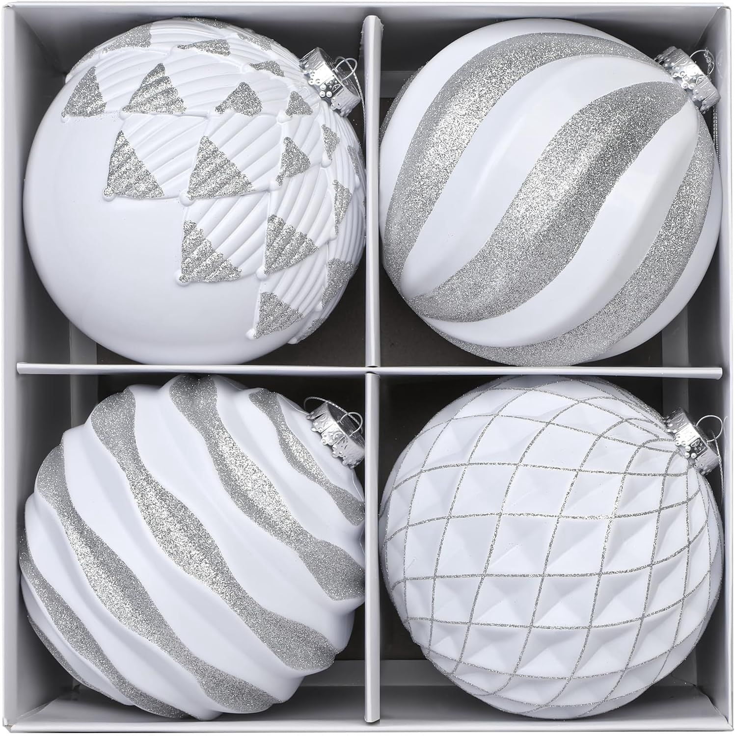 6"/150mm Large Christmas Ball Ornaments, 4Pcs Christmas Tree Decor, Shatterproof Hanging Decorations with Hooks, White & Silver Baubles for Xmas Tree, Wedding, Holiday and Party Decor