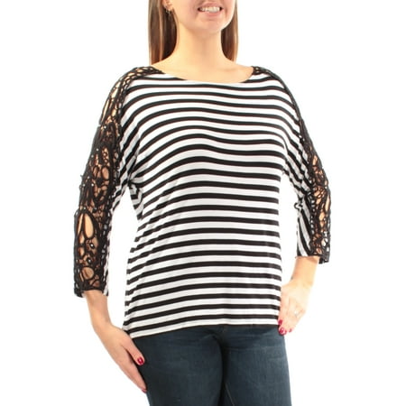 - INC Womens Black Embellished Embroidered Lace Striped Long Sleeve Boat Neck Top Size: L