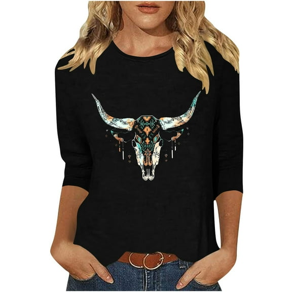 Ruimatai Women's Western T-Shirt 3/4 Sleeve Casual Top Printed Blouse Stylish Comfortable Soft Fabric Fashion Tee