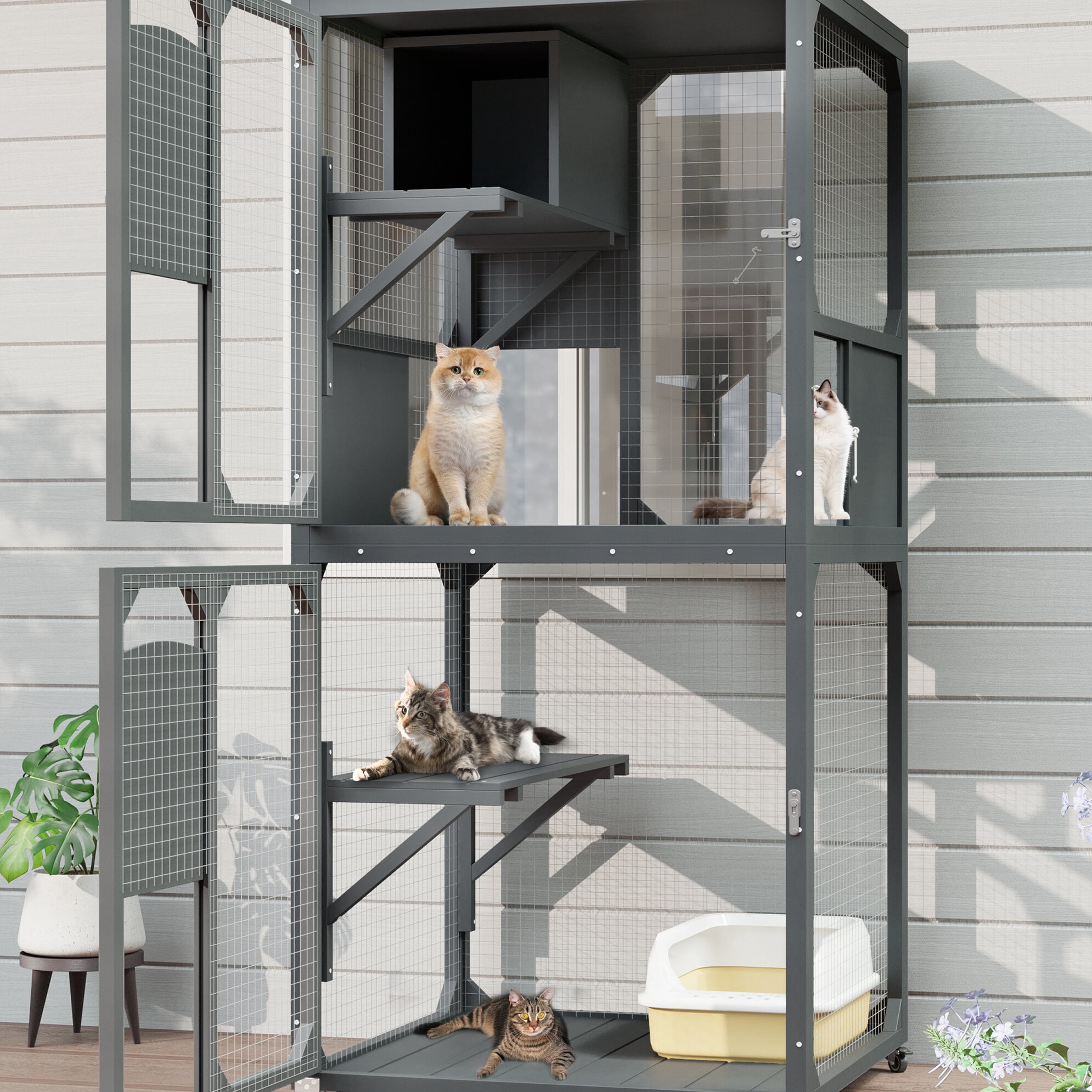 Outdoor Cat Enclosure with Window Access, 4-Tier Cat House with Wheels, Waterproof Roof and Resting Box for Large Indoor Cats, Gray