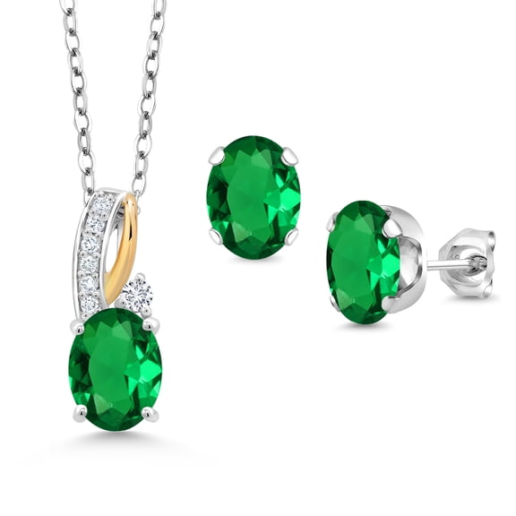 Gem Stone King 2.34 Ct Green Nano Emerald E-F Lab Grown Diamond 925 Silver and 10K Yellow Gold Pendant and Earrings Jewelry Set