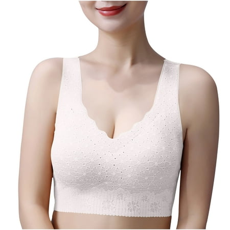 

RYRJJ Clearance Sport Bras for Women Posture Smooth Back Shaping Lift Wirfree Bra Seamless Brassiere with Front Lace Cover Pads Workout Yoga Bra(Beige M)