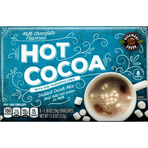 Beaumont Milk Chocolate Flavored Hot Cocoa with Mini Marshmelllows : 8 Packs : Just add hot water or milk!