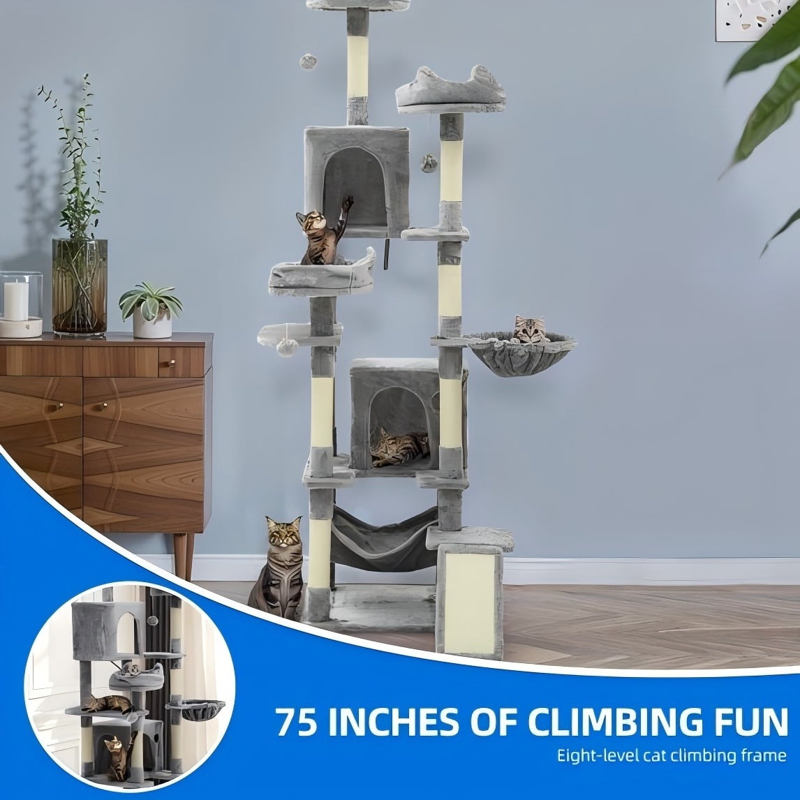 Uforic 75 Inch Multi-Level Cat Tree Tower with 2 Cat Condos, Hammocks, Sisal Scratching Posts & Fluffy Teaser Balls, Light Grey
