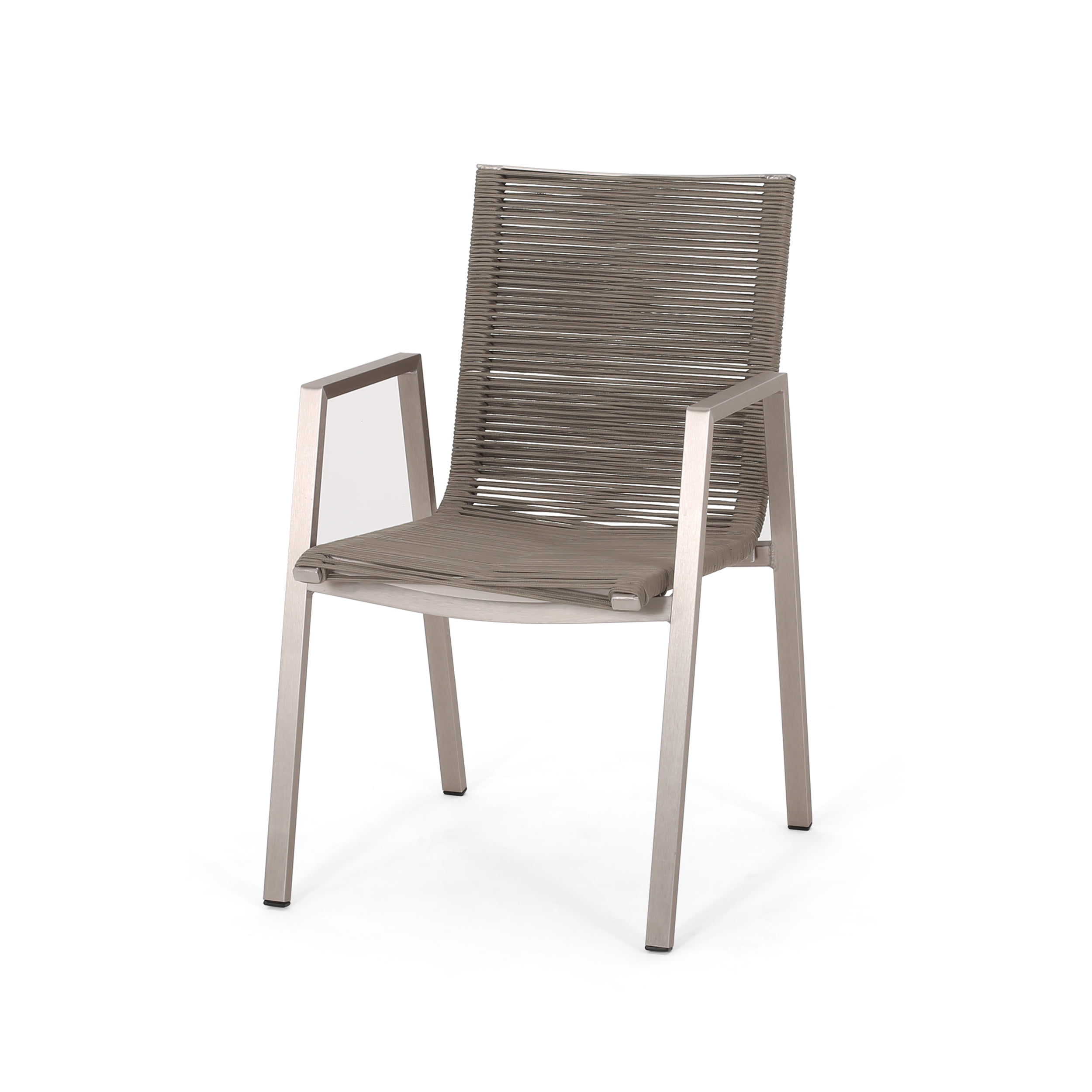 Outdoor Rope Surface Dining Chair Set of 2, Aluminum Frame Household Seats for Patio Garden, Silver and Taupe
