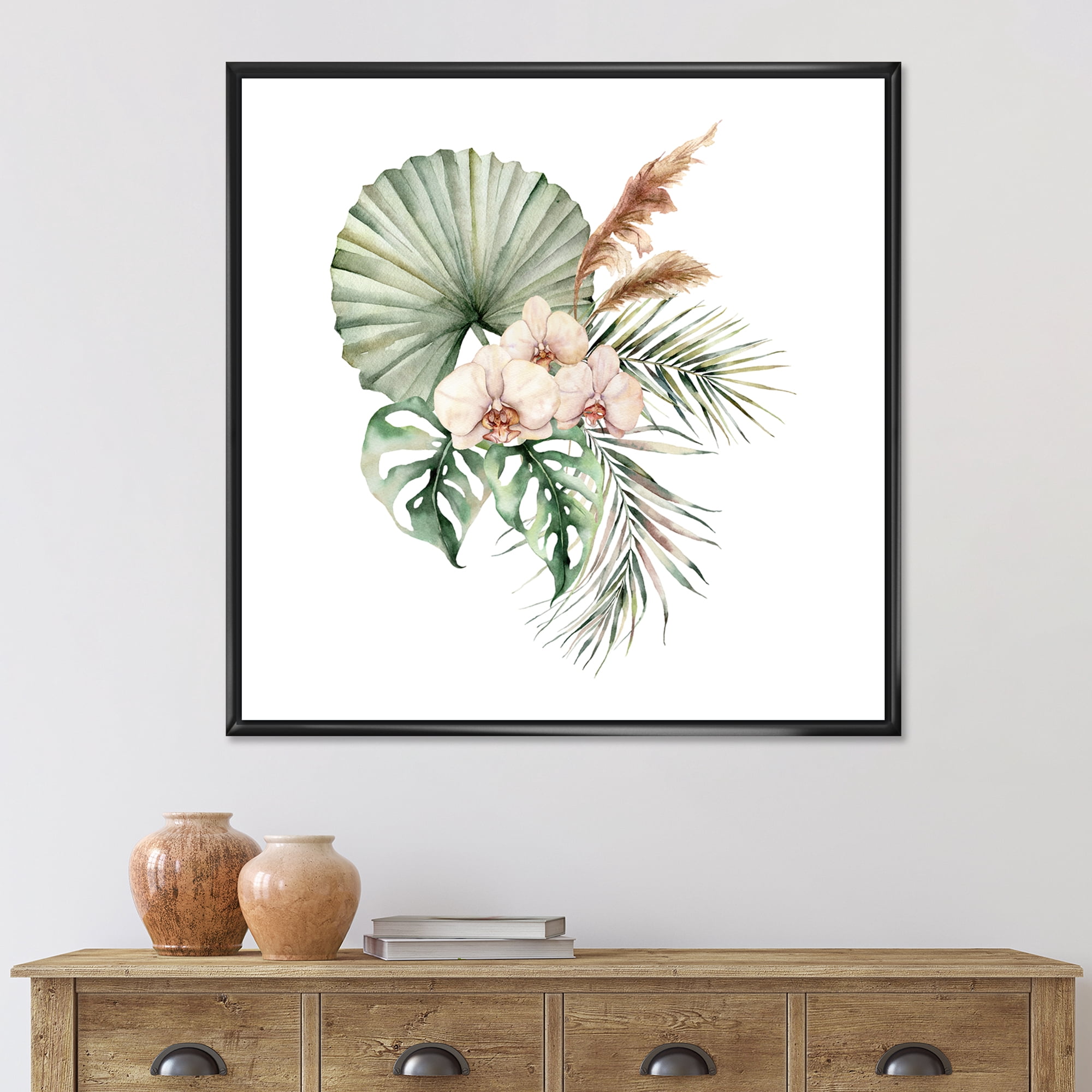 Tropical Bouquet With Palm Orchids Leaves 16 in x 16 in Framed Painting Canvas Art Print, by Designart
