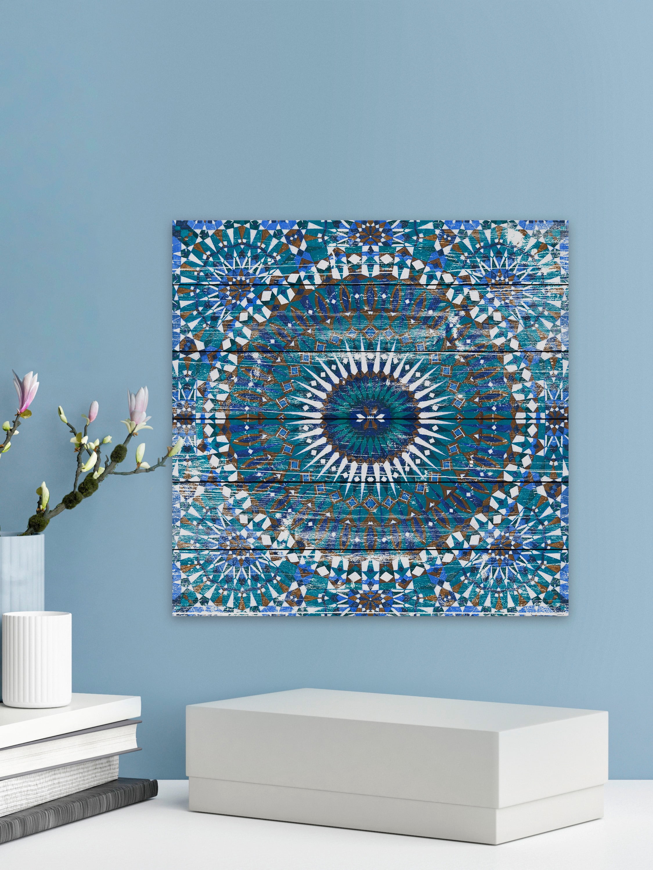 Marmont Hill Morrocan Blue White Wood Wall Art, 12" x 12"