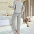 thumbnail image 4 of Diufon Pajama Sets for Women Knitted Striped Baggy Long Sleeve V Neck Tops and Pants Casual Home Sleepwear Outfit, 4 of 7