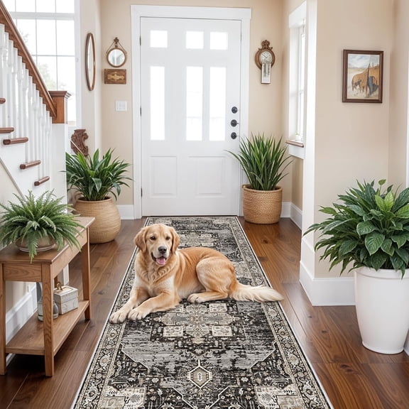 RUUGME Washable 3X8 Runner Rugs - Large Boho Rugs for Living Room Stain Resistant Carpet Vintage Tribal Rugs for Bedroom Kitchen Bathroom Non Slip Backing Home Decor Floor Decoration Mat 3X8 Black