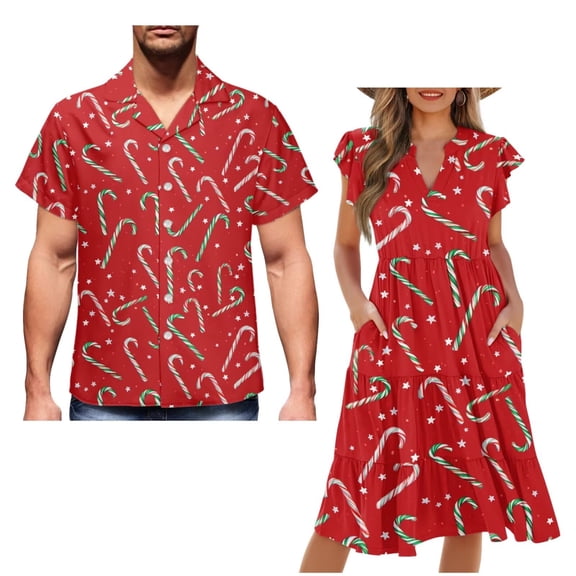 Uorisanigo Candy Canes Couples Matching OutfitsChristmas Men's Short Sleeve Shirt Size 2XS Fashion Hawaiian Tops Workwear and Womens V-neck Midi Casual Dress Summer Dresses