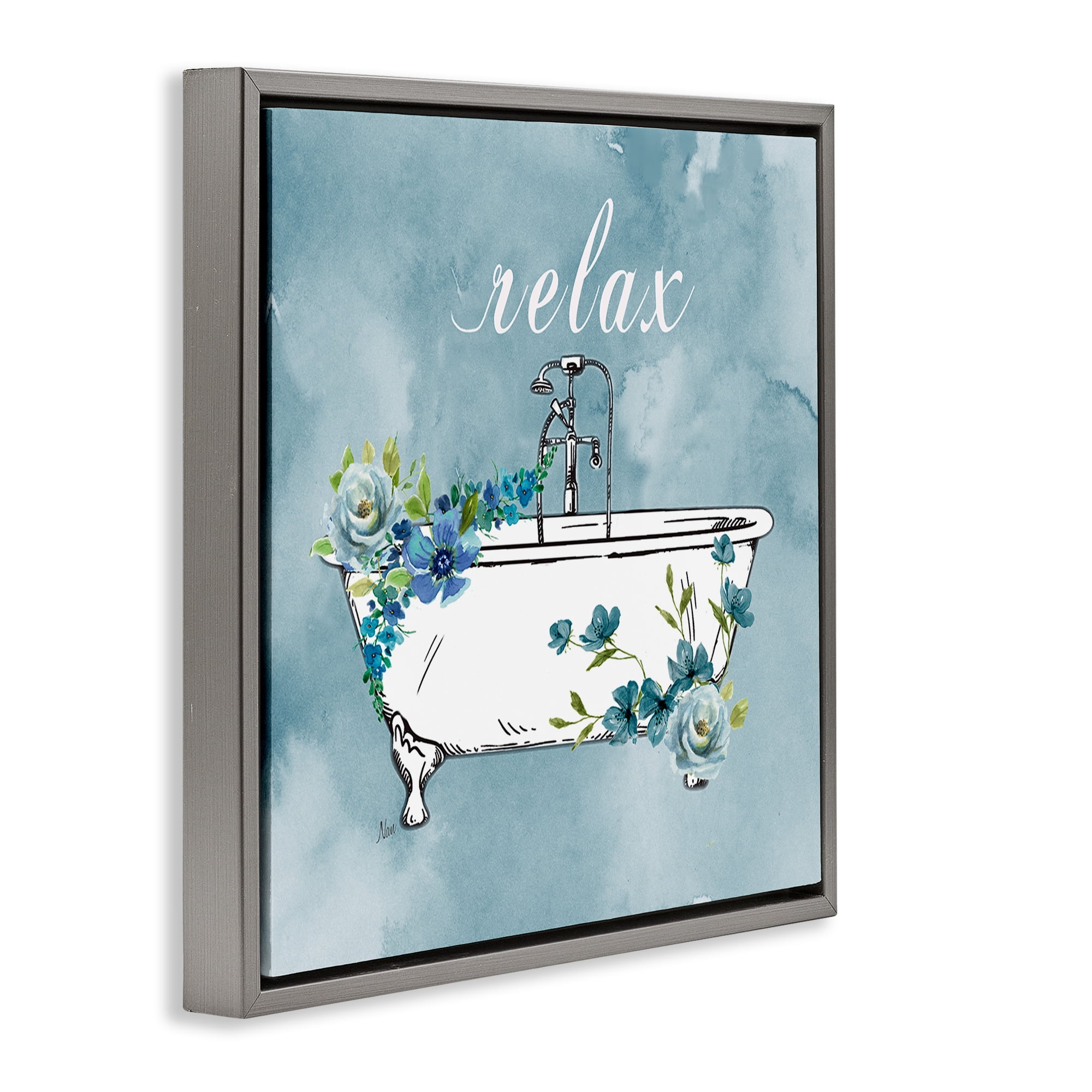 Stupell Industries Floral Bathroom Rules Relax Gray Framed Floater Canvas Wall Art, design by Nan