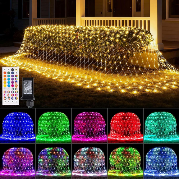 Pooqla Color Changing 240LED Christmas Net Lights, 14.8ft x 5ft RGB Mesh Lights for Outdoor,Xmas Tree,Garden,Bushes Decorations