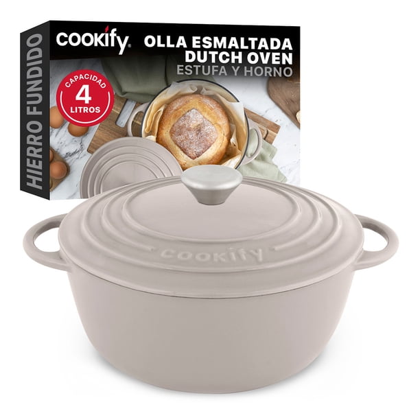 Olla de Hierro Fundido Esmaltado para Horno y Estufa Cookify (Taupe, 24.8 cm, Capacidad 4 Litros)
