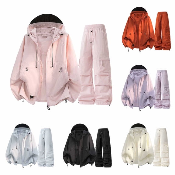 Neatlifepa Unisex Hooded Full Zip Windbreaker Jacket with Drawstring Cargo Pants Multi-Pocket, 2 Piece Outfit Sets for Outdoor Hiking Streetwear Beige,L