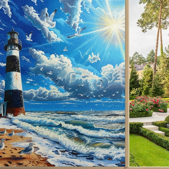 Static Cling Decorative Window Film Frosted Privacy Film Window Clings for Glass Windows No Glue Window Sticker for Bathroom Bedroom Office Lighthouse Cape Sky (2)