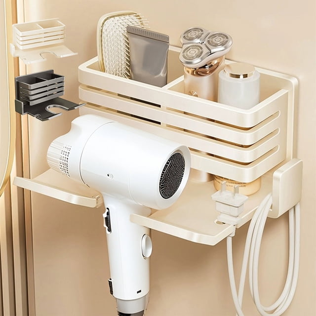 Bastidor de montaje en pared para secador de pelo, organizador de almacenamiento en el baño, aleación de aluminio sin taladro, 15,4x13,4x8cm, blanco o gris, contiene secadora y accesorios, diseño