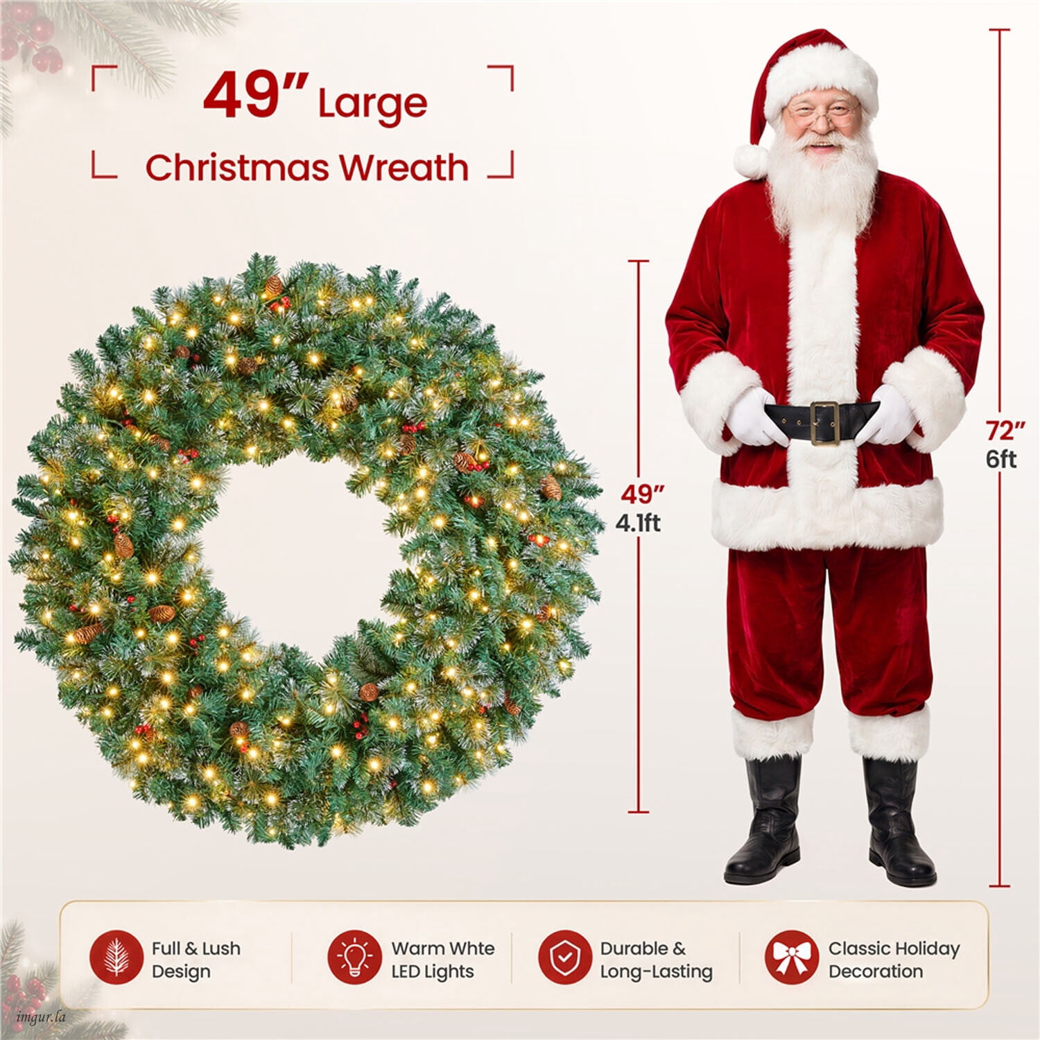 Alden Design 48 inch Artificial Pre-lit Frosted Christmas Wreath with Bowknot & Pinecones & Holly Berries & LED Lights, Green