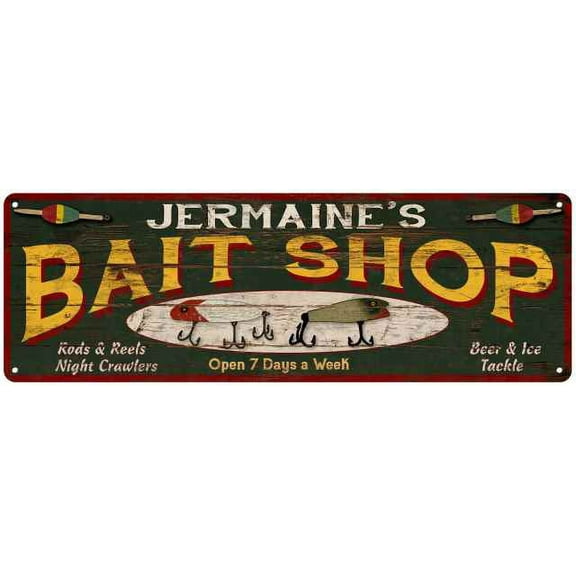 JERMAINE'S Bait Shop Sign Wood Look Man Cave Den Gift 6x18 Metal 206180024403