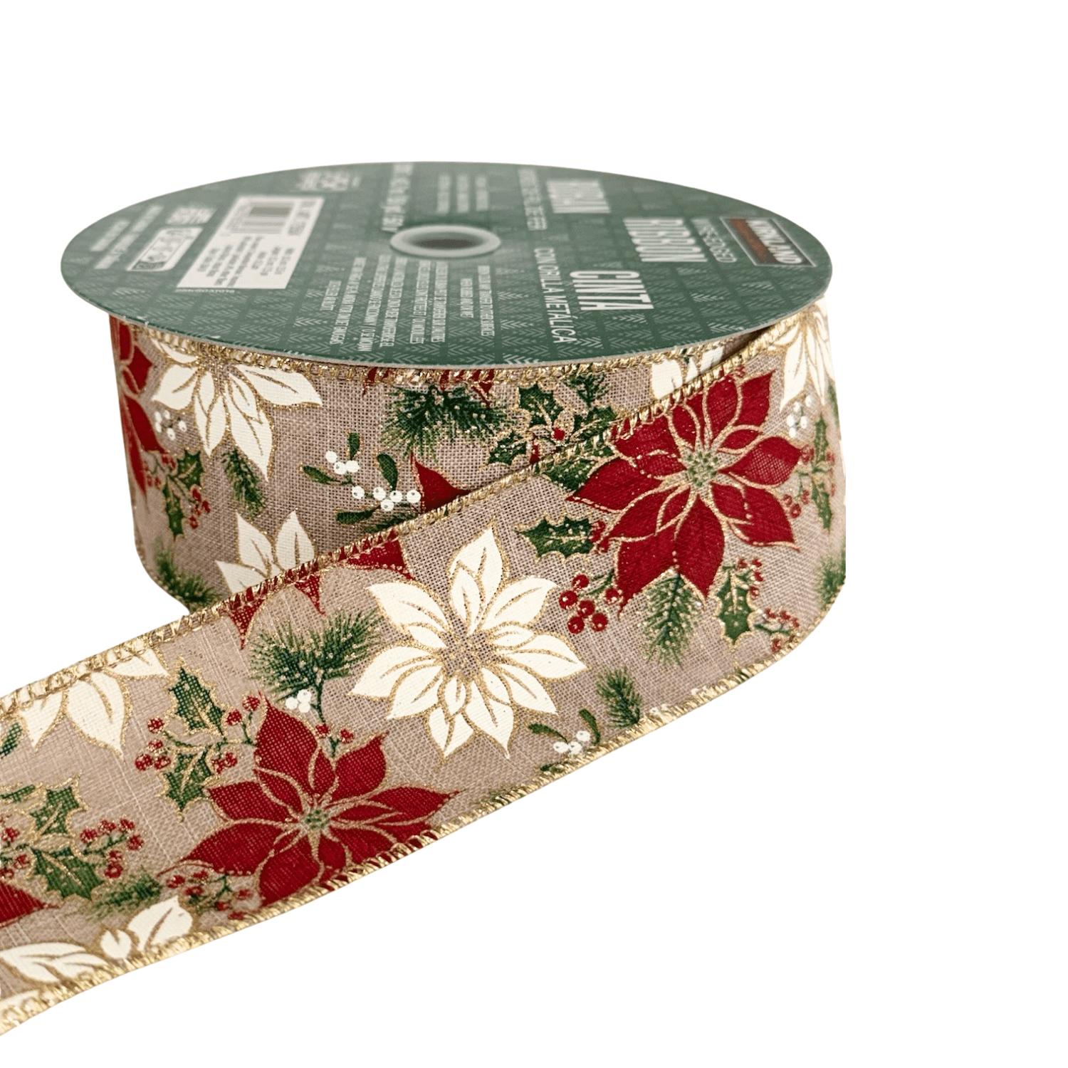 Kirkland Signature Wire Edged Christmas Ribbon 2.5” x 50 Yards  (Poinsettia Red White Gold, 2.5in)