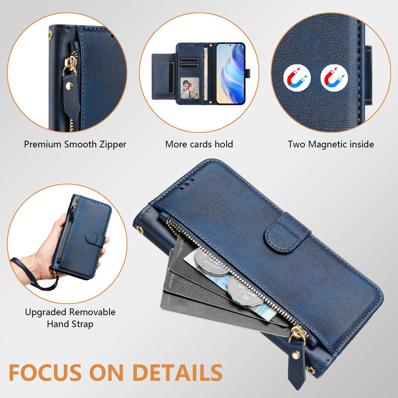 Filp Case for Motorola Edge 5G UW 2022 Zipper Pocket Magnetic Flip Wallet Phone Case with 7 Card Slots and Wrist Strap