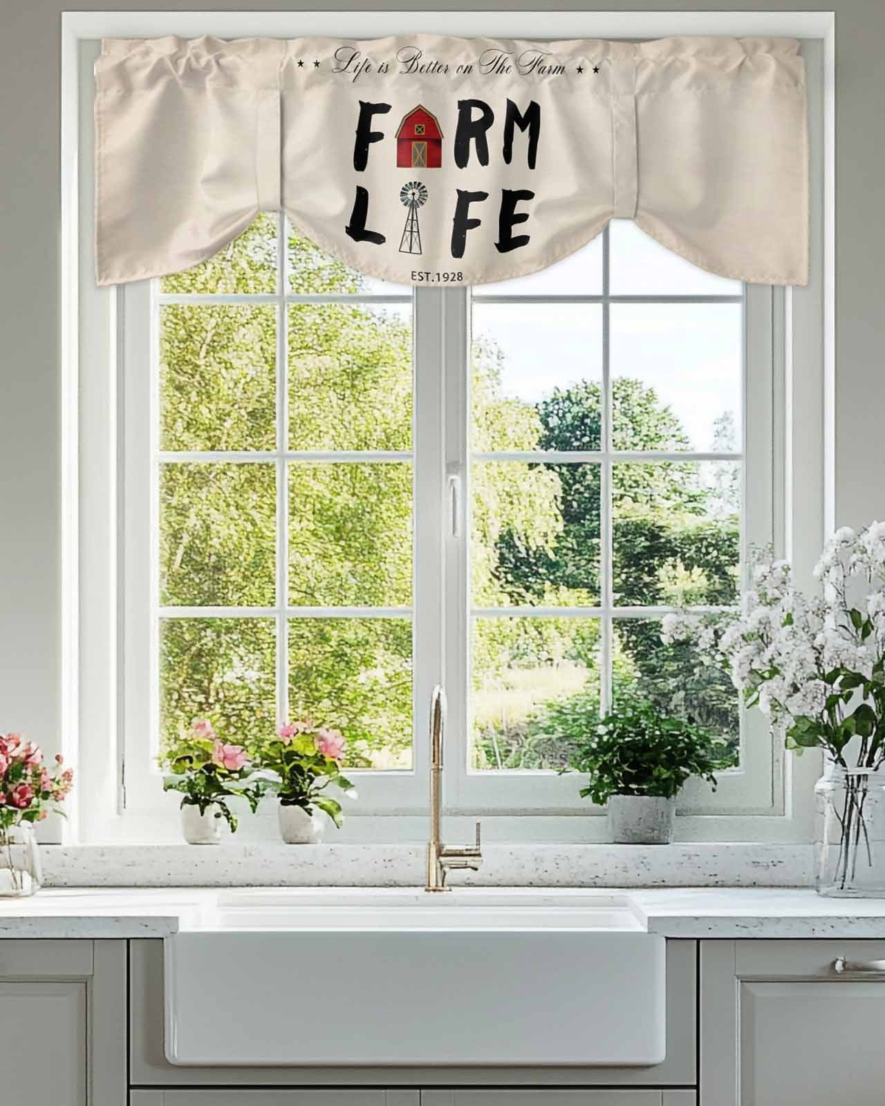 Farm Life Tie Up Valances Curtain, Adjustable Kitchen Barn Cow Chicken Pig Farmhouse Valances for Windows Decor, Rod Pocket Short Curtains Set for Bedroom/Bathroom, 60"x18"