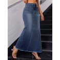 thumbnail image 2 of Womens Medium Wash Maxi Denim Skirt With Asymmetrical Seam And Frayed Hem, 2 of 15