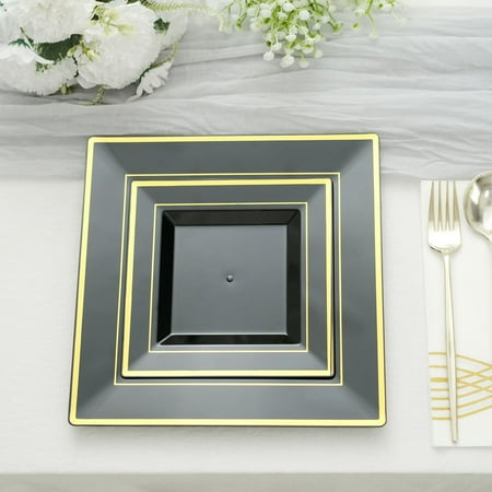

Efavormart 7 | Gold Trim Black Square Plastic Salad Dessert Plates | Pack of 10
