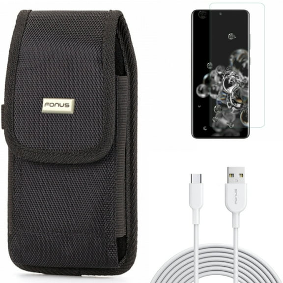 Screen Protector w Case Belt Clip w 6ft USB-C Cable for Samsung Galaxy S20 Ultra - Tempered Glass [Fingerprint Unlock] 3D Curved Edge, Swivel Holster Rugged, Type-C Fast Charger fits Galaxy S20 Ultra