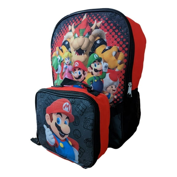 Super Mario Full Size 16 Inch Backpack with Detachable Lunch Box
