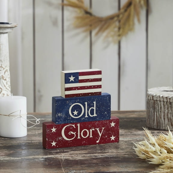 VHC Brands Patriotic Vintage Old Glory w/Flag MDF Block Sign 7.5x8x1.125, Independence Day Decor, Decorative Sign, Rustic Farmhouse Fourth of July Decorations, Patriot Blue, Merlot Red, Light Tan