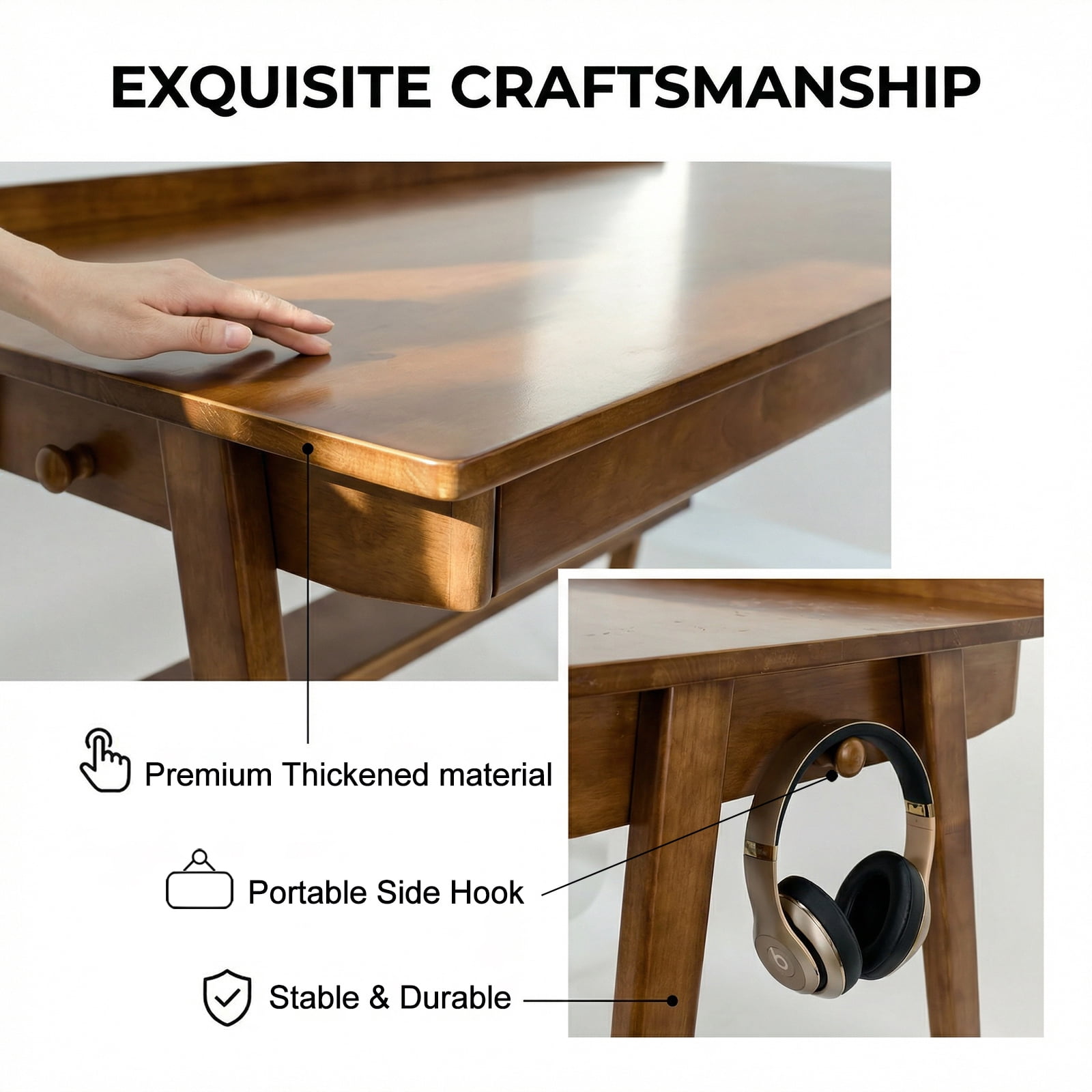 Hommoo Mid-Century Modern Solid Wood Writing Desk with 2 Drawers, Open Shelf & Side Hooks, Home Office Desk for Small Spaces, Study, Bedroom or Living Room, Walnut