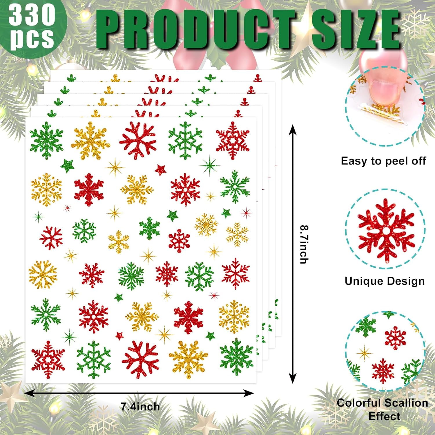 330Pcs Winter Christmas Stickers Glitter Red Green Gold Snowflake Self-Adhesive Decals for Xmas Home Party DIY Crafts Supplies, 10 Sheets