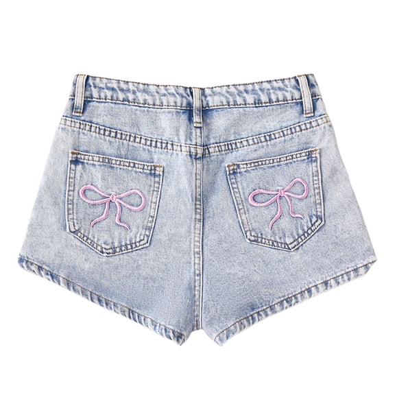 CPNG Teen Girls Slim Fit Jeans Shorts Summer Bow Embroidered Pocket Short Jeans Outerwear Casual Shorts(Light Blue,15 Years)