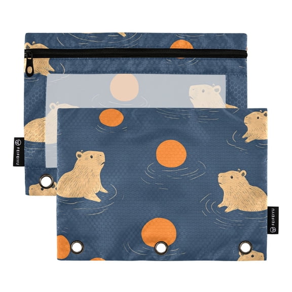 FORMRS 2 Pack Pencil Pouch for 3 Ring Binder with Clear Window Zipper Case, Blue Capybaras