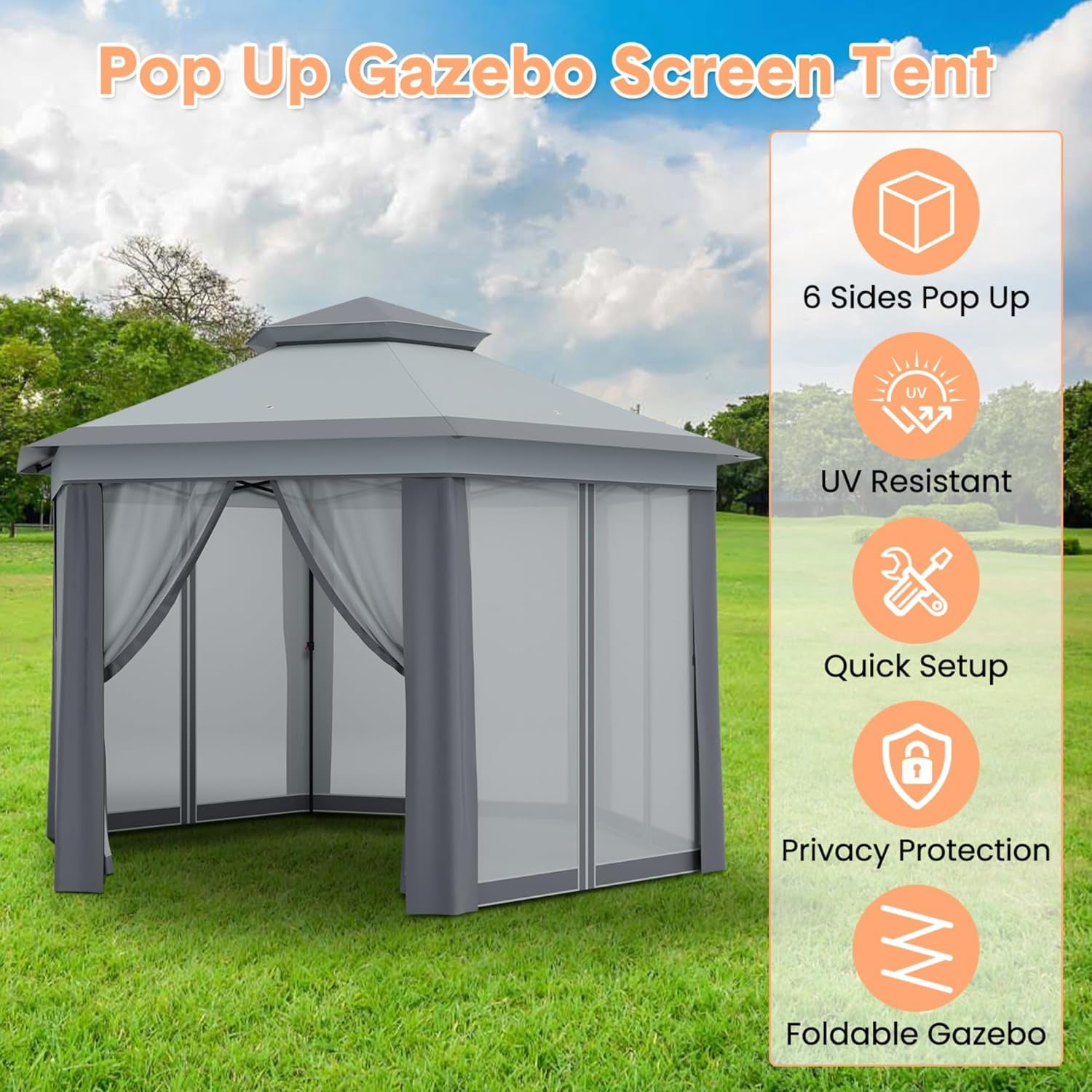 Pop Up Gazebos 13x13ft, Hexagonal Outdoor Canopy Shelter, Instant Patio Gazebo Tent with Mesh Netting and Strong Steel Frame for Patio Backyard Garden Wedding Party