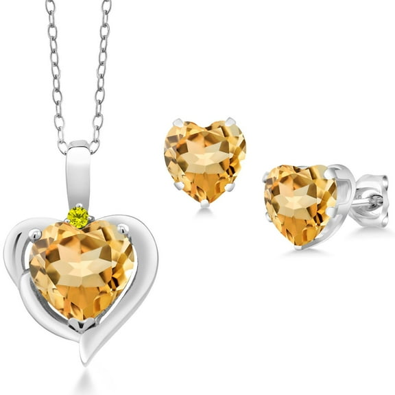 Gem Stone King 925 Sterling Silver Yellow Citrine and Canary Diamond Pendant Necklace Earrings Set for Women (2.72 Cttw, Heart Shape 8MM and 6MM, with 18 inch Chain)